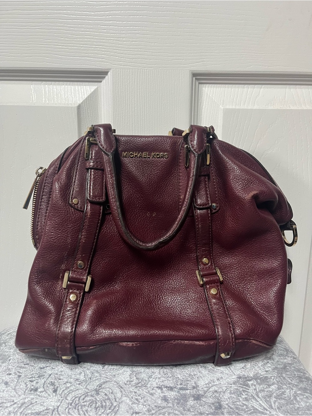 Michael Kors Plum Pebbled Leather Satchel with Gold Hardware